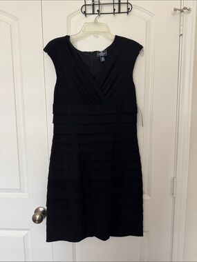 American Living Black Cap-Sleeve Tiered V-Neck Midi Dress